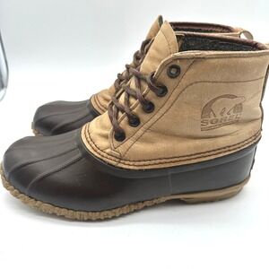 Vintage Sorel Kaufman Canada Mens Tan Brown Leather Rubber Duck Boots 11